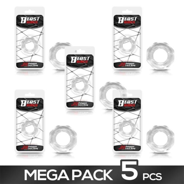 Pack of 5 Penis Ring Super Flexible Polygon 2.2 cm Clear