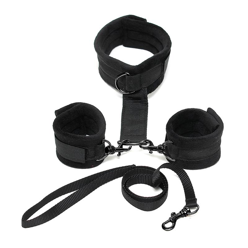 rimba-bondage-play-handcuffs-to-collar-with-leash-adjustable-black
