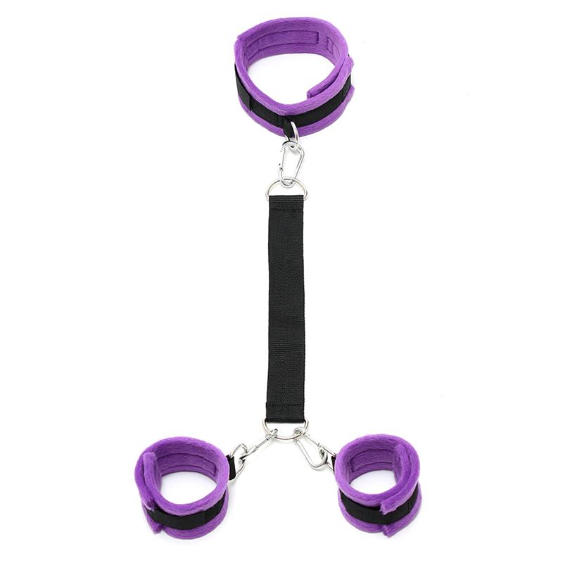 rimba-bondage-play-handcuffs-to-collar-with-leash-adjustable-purple